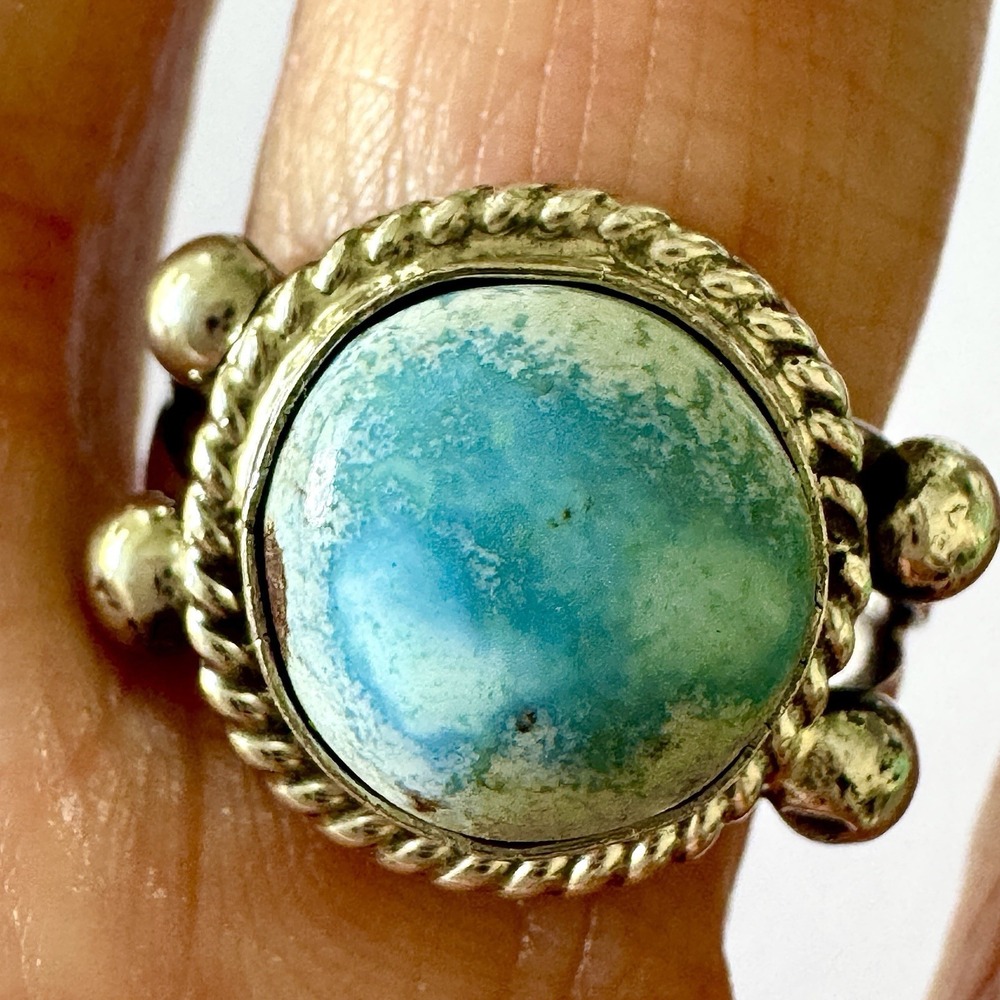 Navajo Turquoise Ring Blue Golden Hills Sz 7.5 Sterling Signed Martinez Native